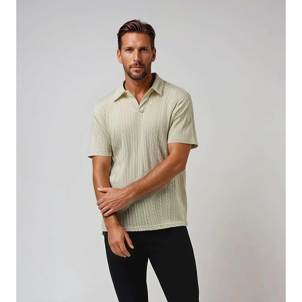 Ike Behar Off-White Textured Cable‎ Knit Johnny Collar Polo - Size Large